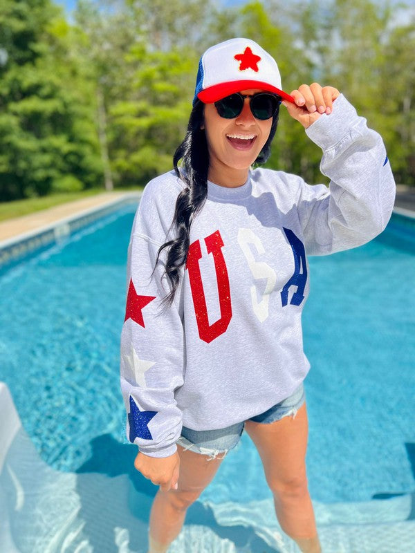 USA Glitter Sweatshirt With Star Sleeve Details