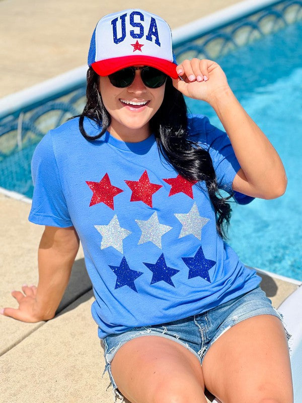 Red Silver And Blue Stars Patriotic Glitter Tee