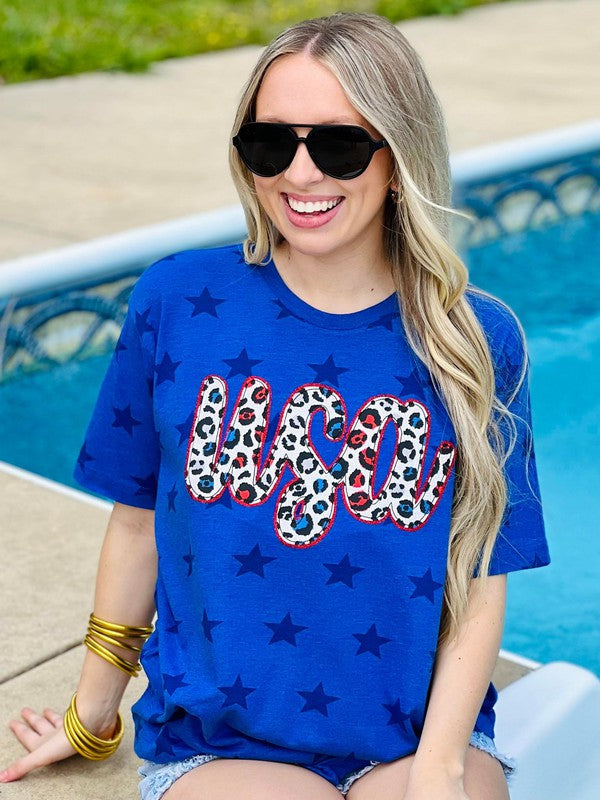 USA Cursive Leopard Applique Star Tee