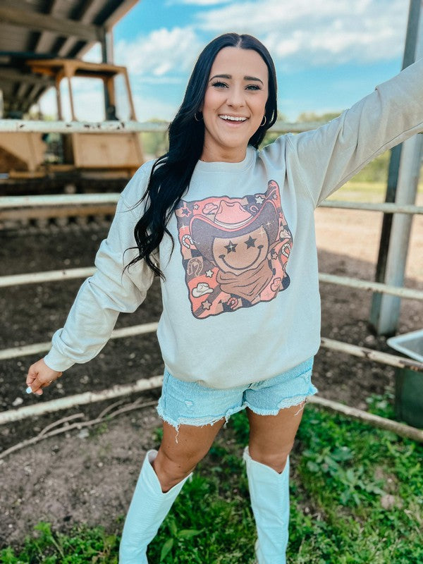 Cowgirl Western Happy Face Scene Sweatshirt