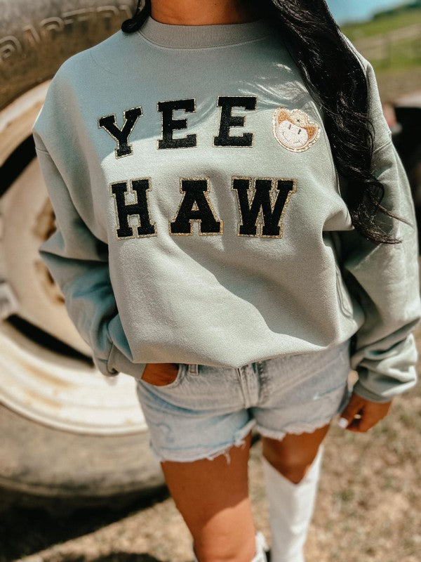 Yee Haw Tan Happy Cowboy Chenille Patch Sweatshirt