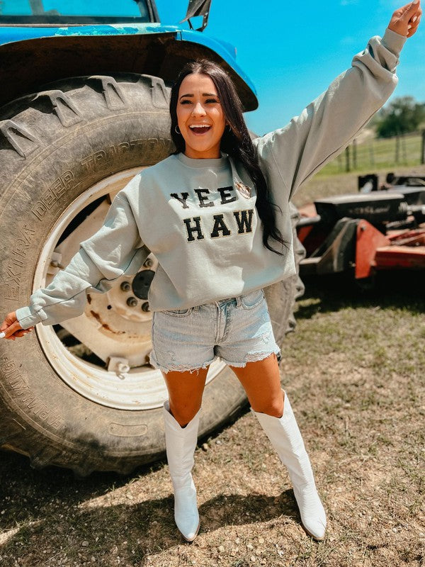 Yee Haw Tan Happy Cowboy Chenille Patch Sweatshirt