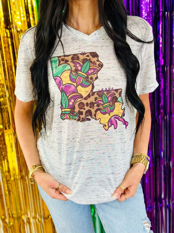 Louisiana Leopard Mardi Gras V-Neck Tee