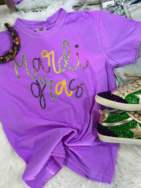 Mardi Gras Multi Glitter Script Tee