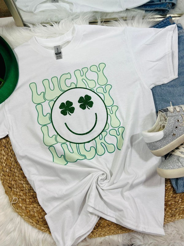 Lucky Happy Face Glitter & Sublimation Tee
