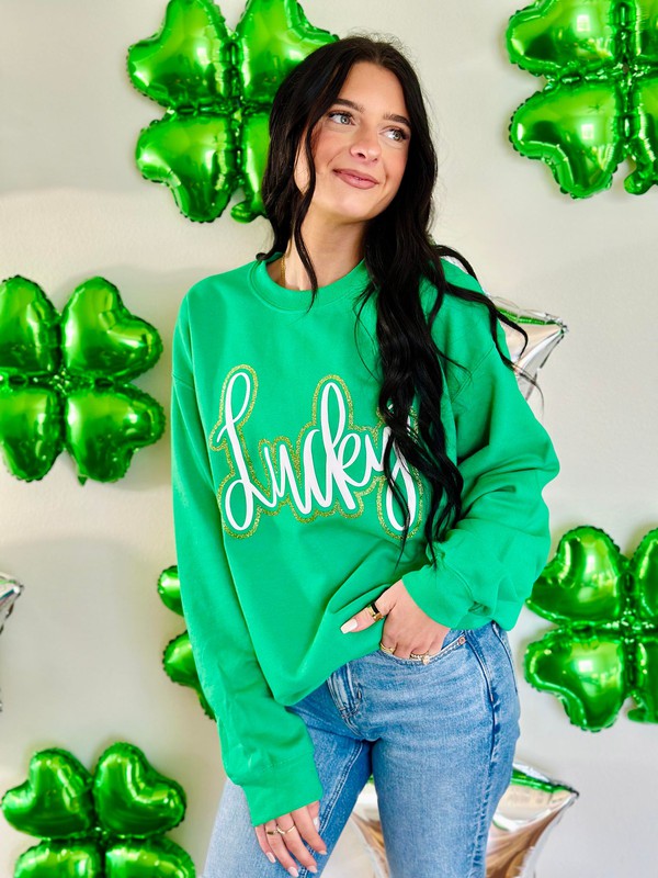 Lucky Cursive Double Puff-Glitter Sweatshirt