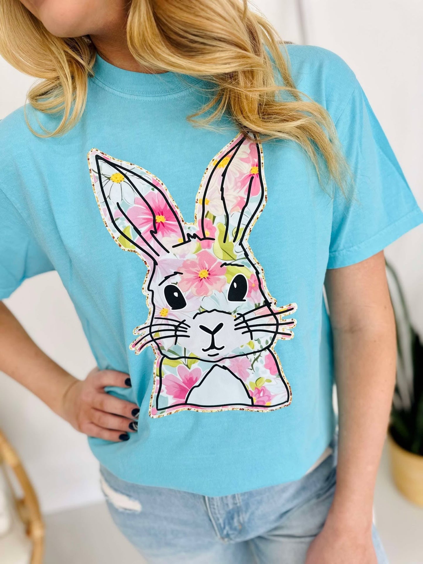 Floral Faux Glitter Outlined Bunny DTF Tee