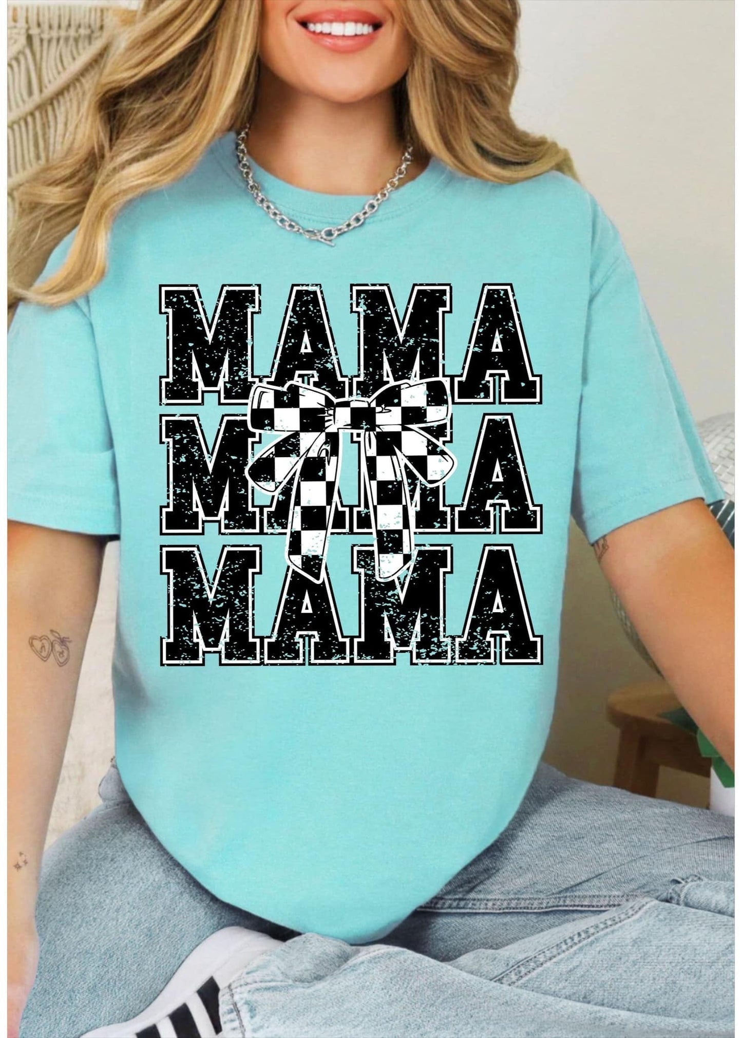 Mama Stacked Checkered Bow DTF Tee