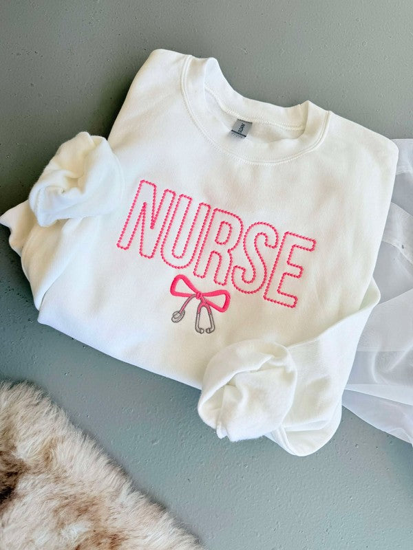 Pink Nurse Stethoscope Bow Graphic Embroidered Sweatshirt