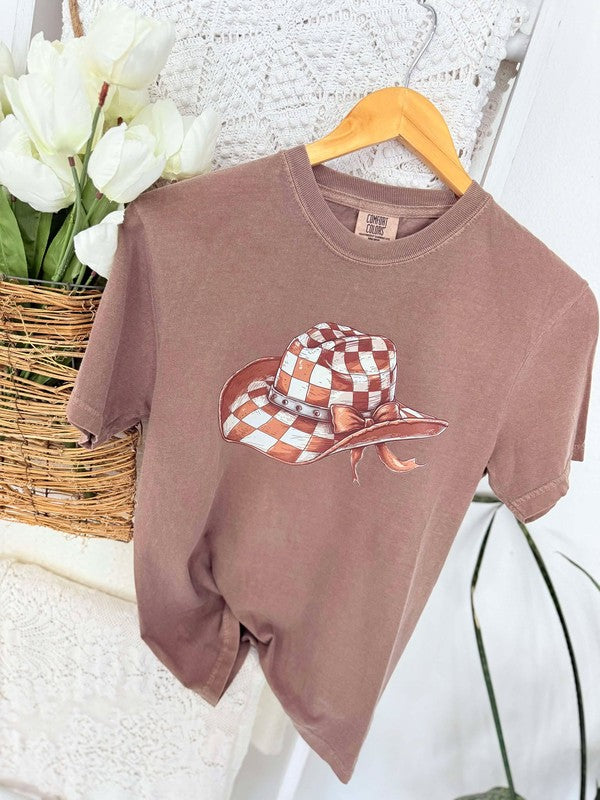 Checkered Cowboy Hat With Bow DTF Tee