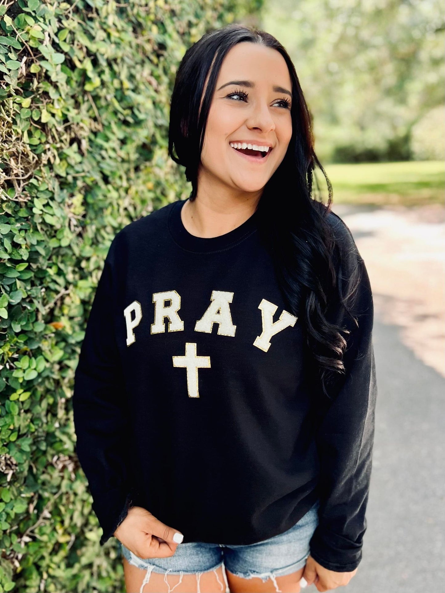 Pray Cross Curved Chenille Patch Sweatshirt