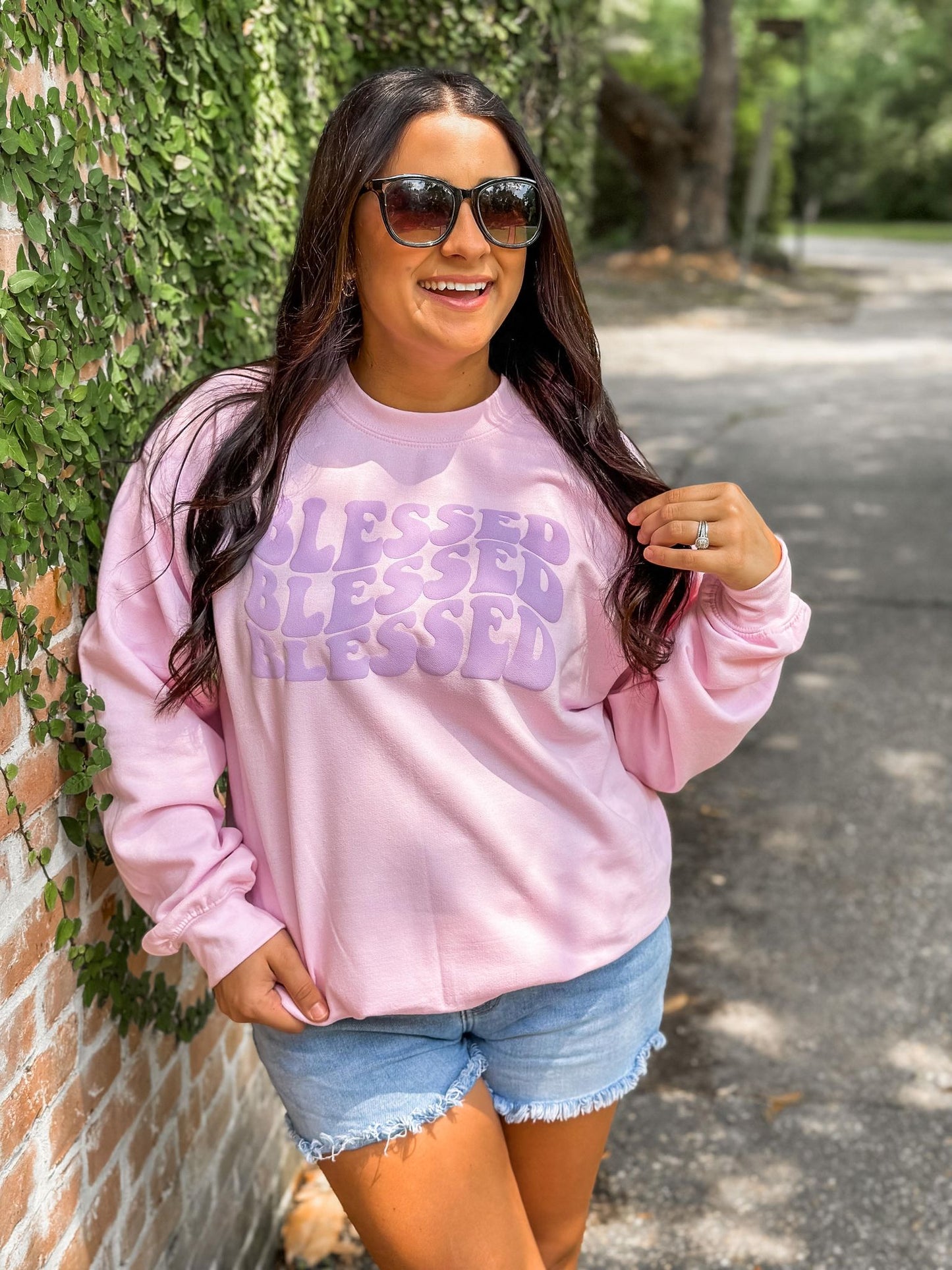 Retro Wavy Stacked Blessed Puff Sweatshirt