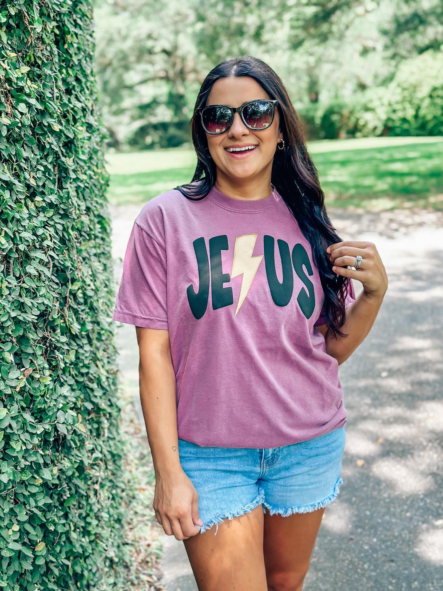 Jesus Curved Gold Lightning Bolt Puff Tee