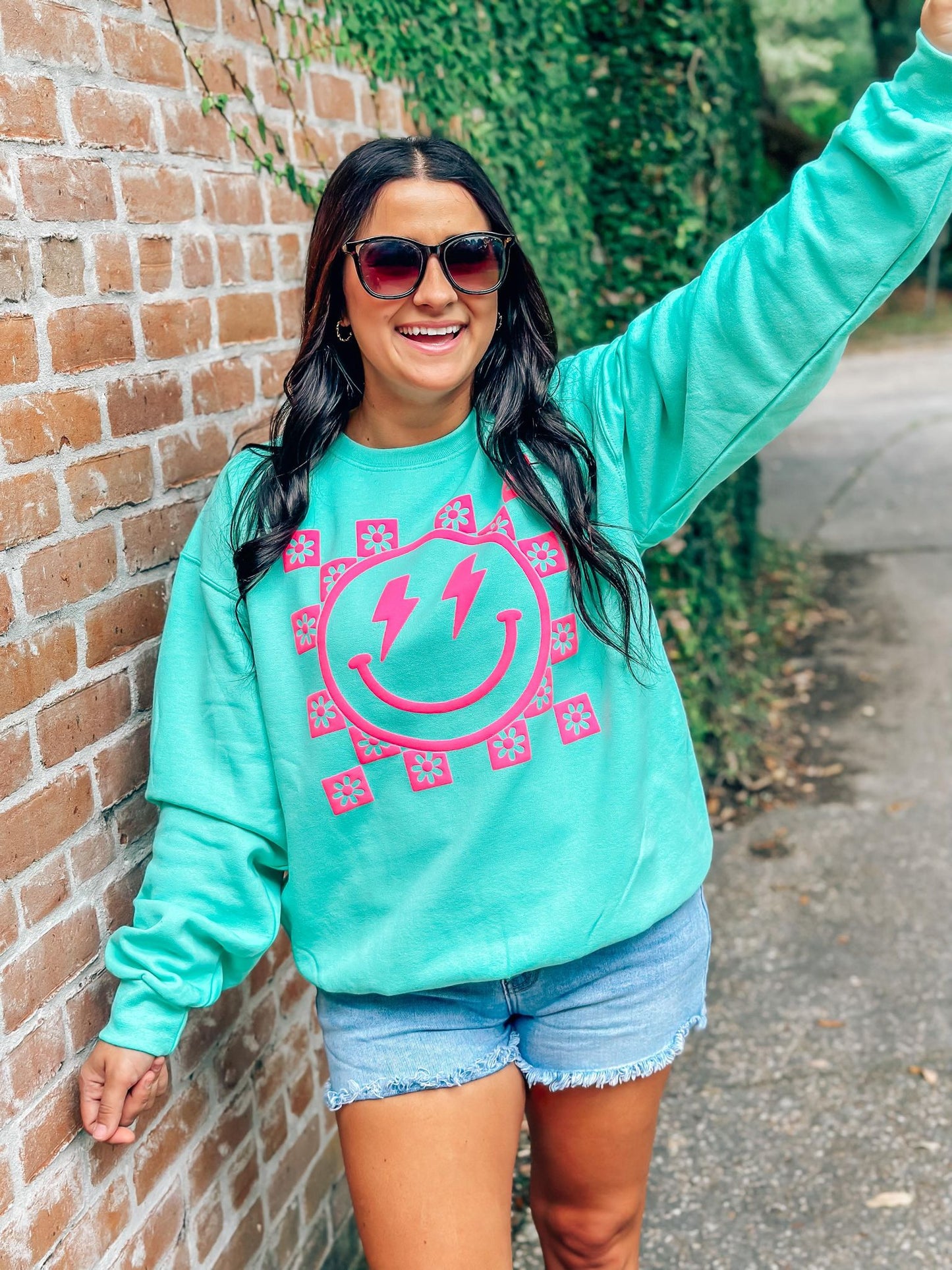 Happy Lightning Floral Checkered Puff Sweatshirt