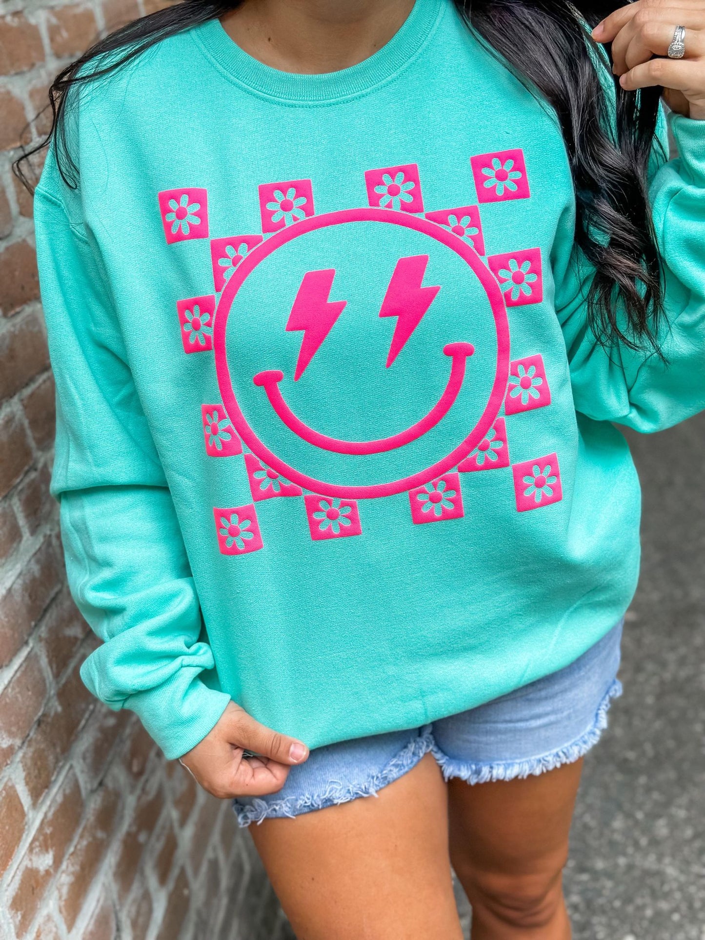Happy Lightning Floral Checkered Puff Sweatshirt