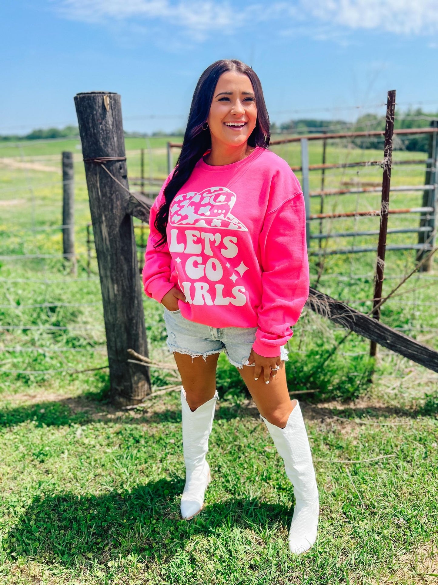 Lets Go Girls Cow Print Hat Puff Sweatshirt