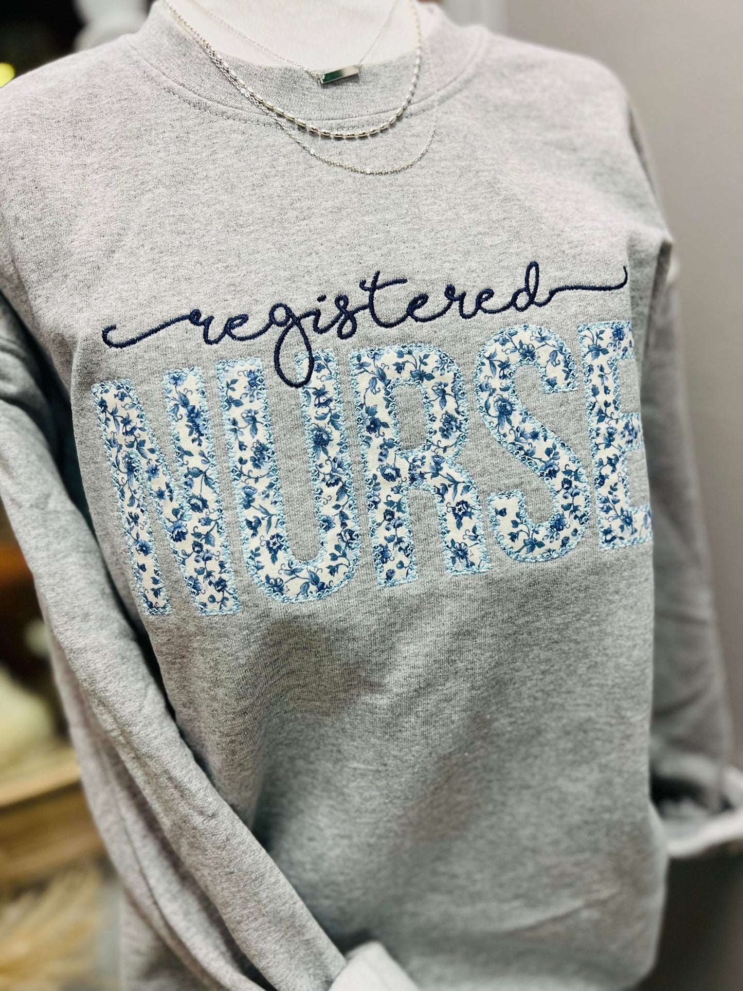 Floral Registered Nurse 2 Font Applique Sweatshirt