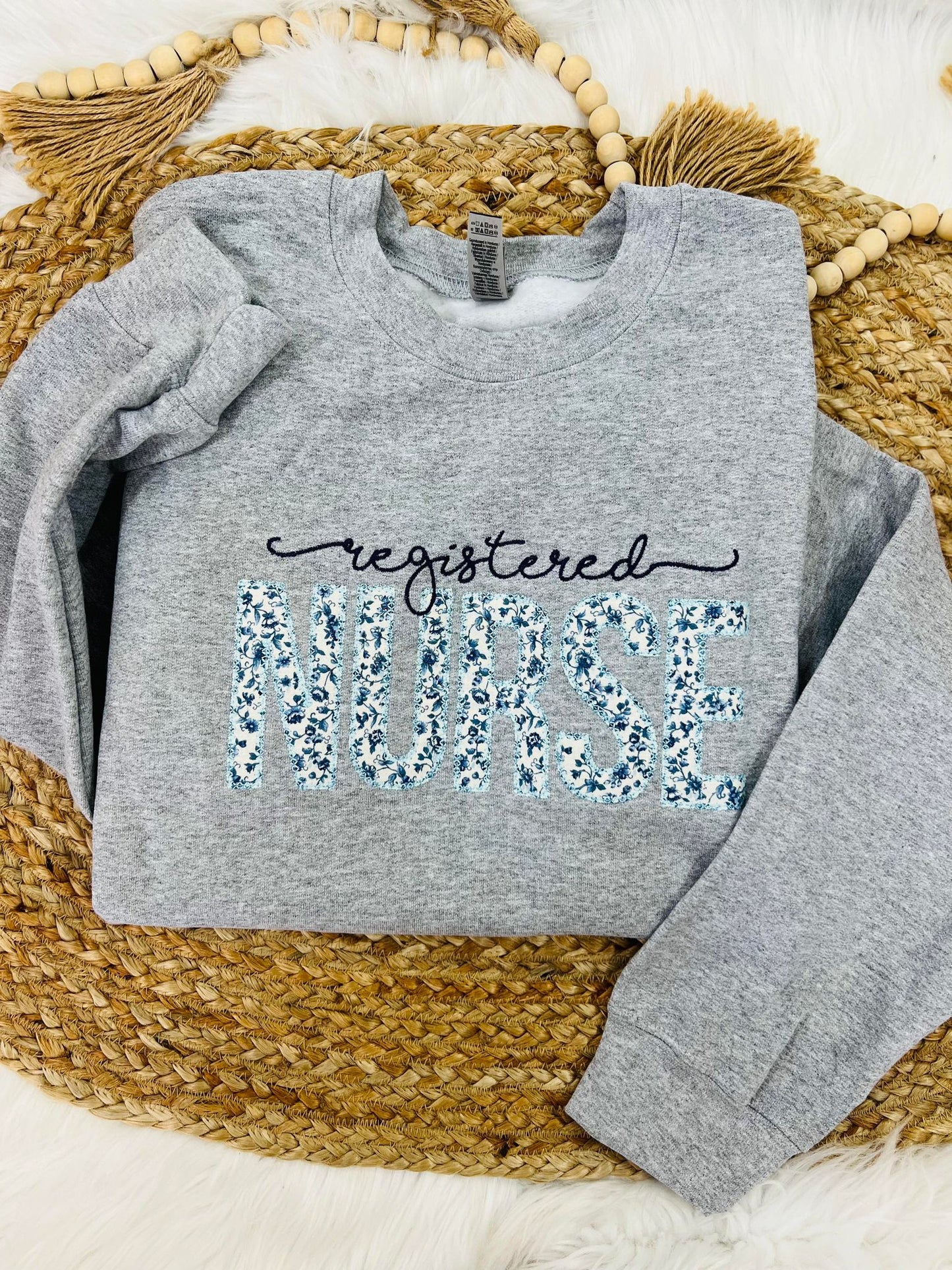 Floral Registered Nurse 2 Font Applique Sweatshirt