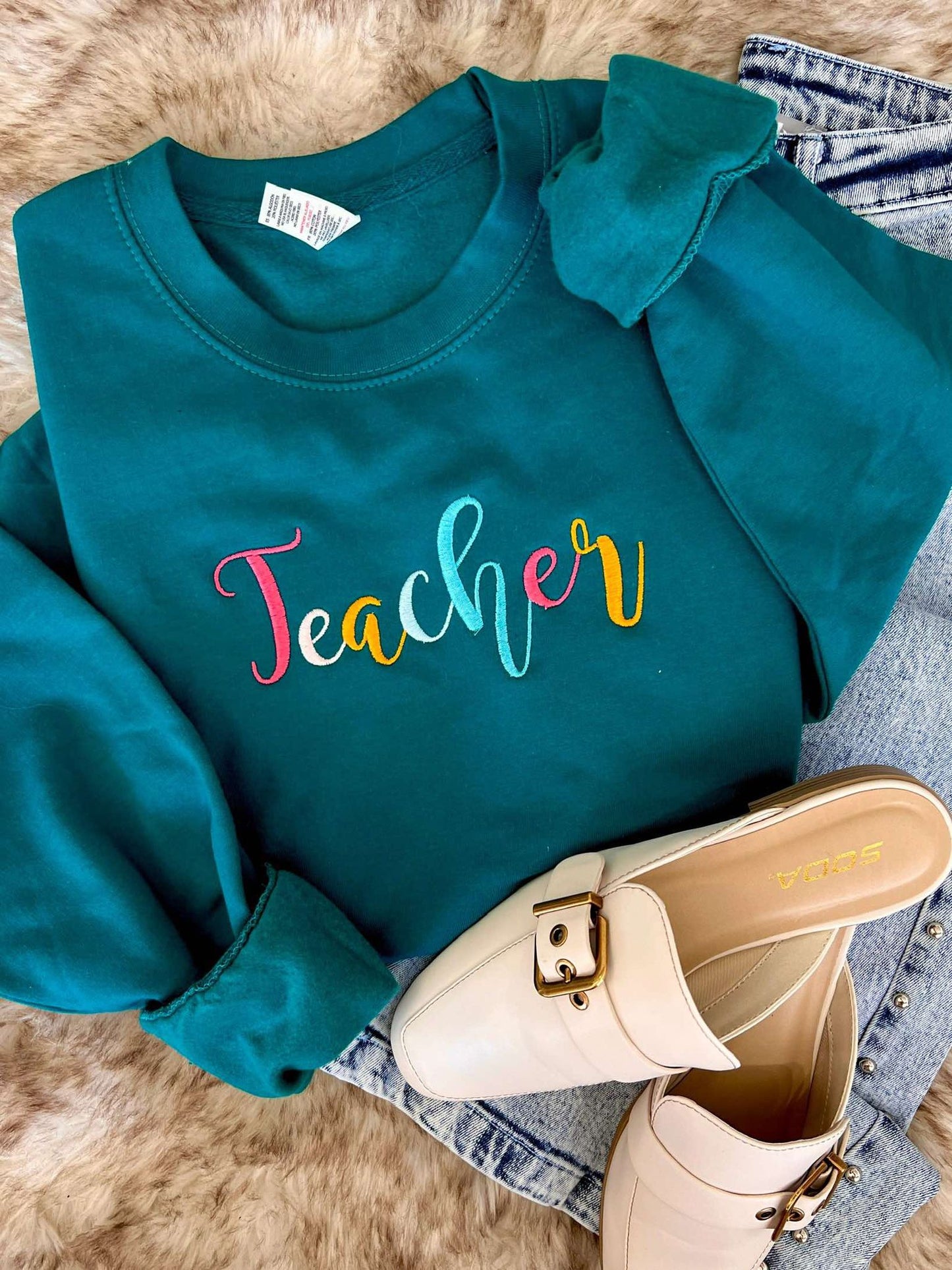 Teacher Rainbow Cursive Embroidered Sweatshirt