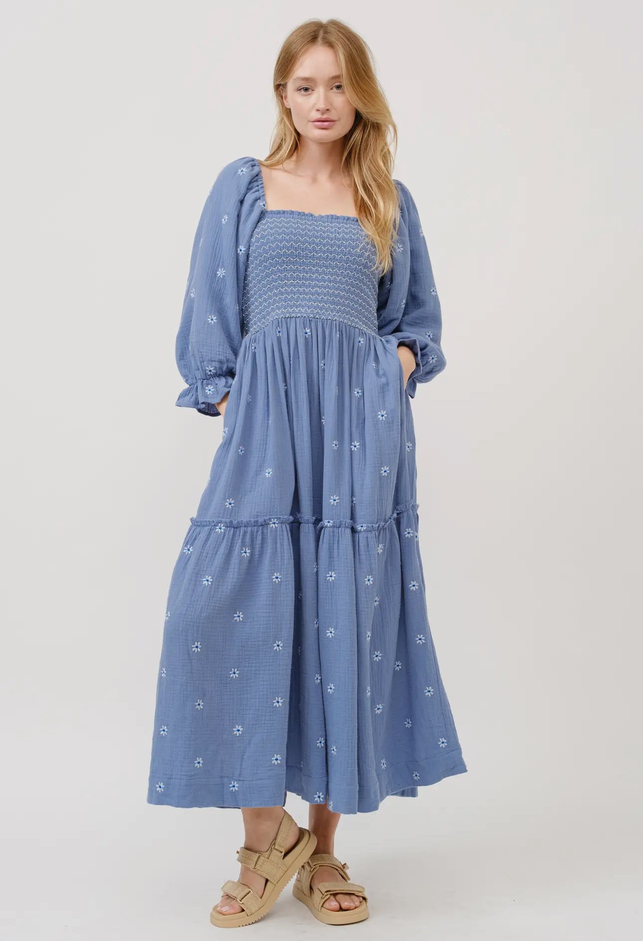 Embroidered Smocked Maxi Dress