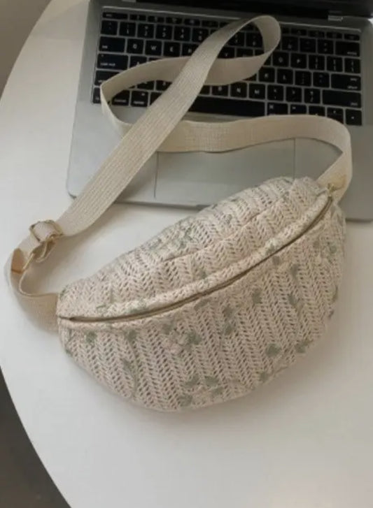 Raffia Crossbody Belt Bag - Beige