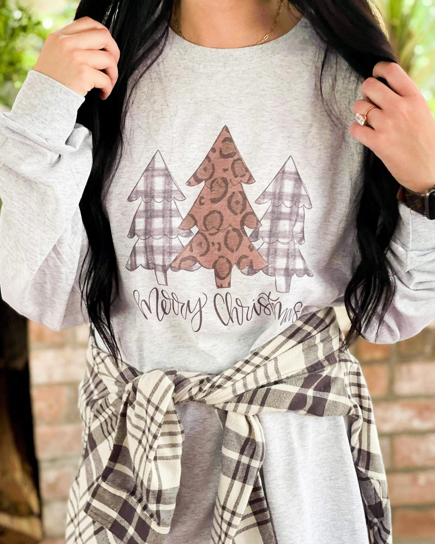Plaid and Leopard Merry Christmas Trees Longsleeve
