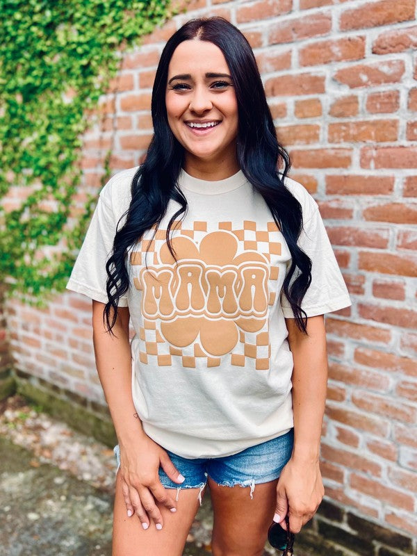 Mama Retro Checkered Flower Puff Tee