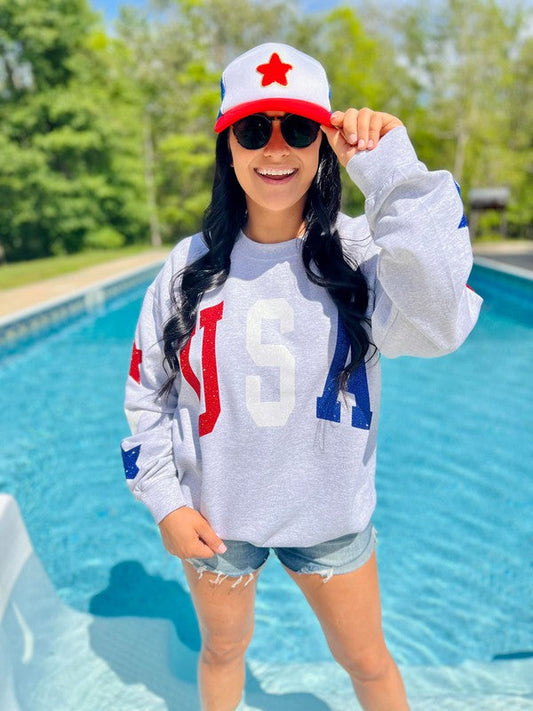 USA Glitter Sweatshirt With Star Sleeve Details