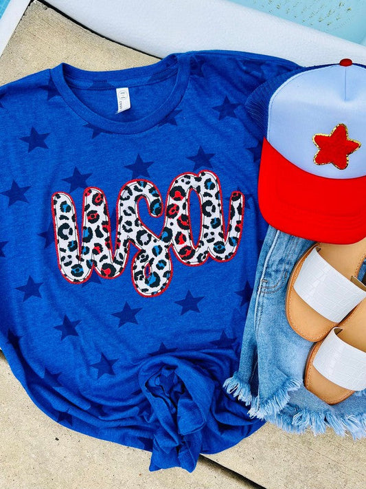 USA Cursive Leopard Applique Star Tee
