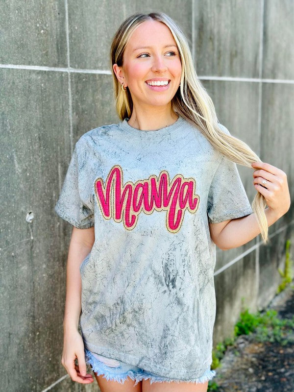 Mama Pink And Gold Glitter Script Applique Tee