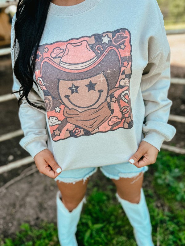 Cowgirl Western Happy Face Scene Sweatshirt