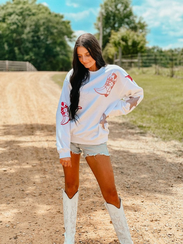 Western Boots And Stars Glitter Vinyl Sweatshirt