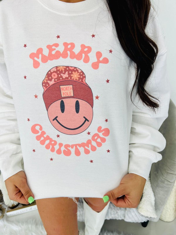 Merry Christmas Happy With Beanie Sweatshirt