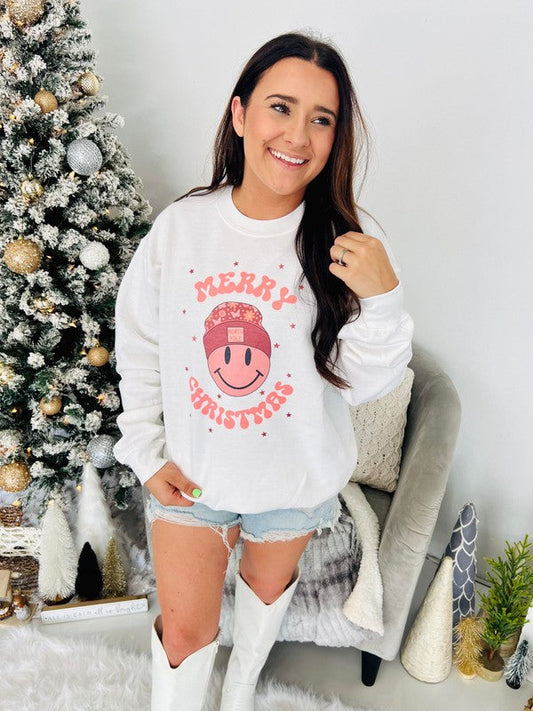 Merry Christmas Happy With Beanie Sweatshirt