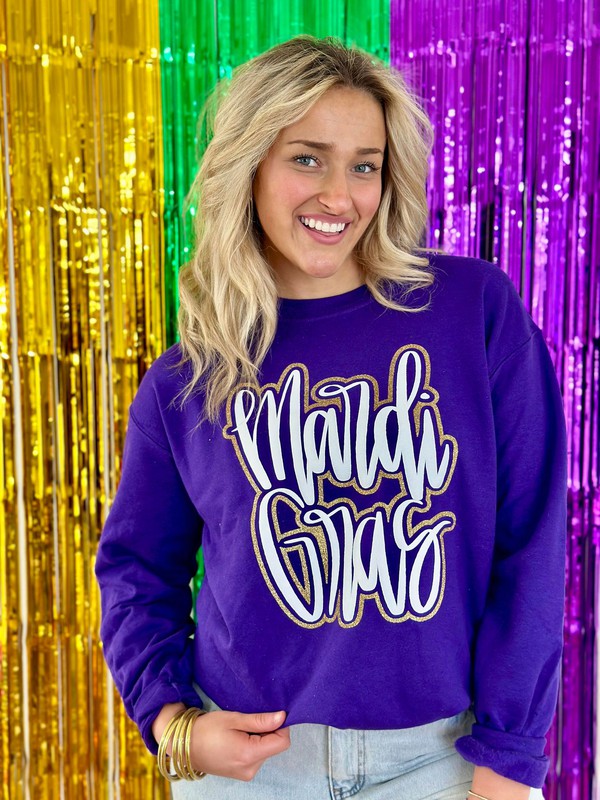 Mardi Gras Cursive Double Puff/Glitter Sweatshirt 2