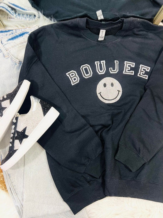 Boujee SIlver Happy Rhinestone Patch Sweatshirt