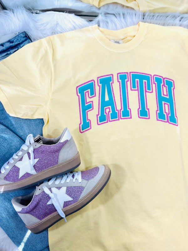 Faith Varsity Curve Puff/Glitter Combo Tee