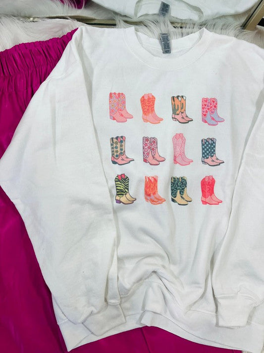 Preppy Patterned Stacked Cowboy Boots Sweatshirt