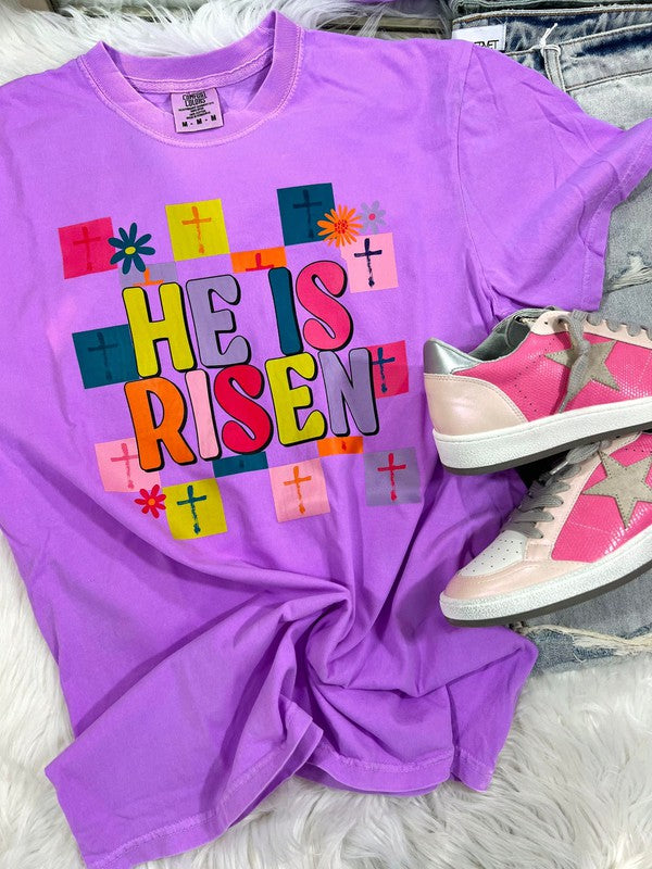 He Is Risen Multicolored Cross Checkered tee