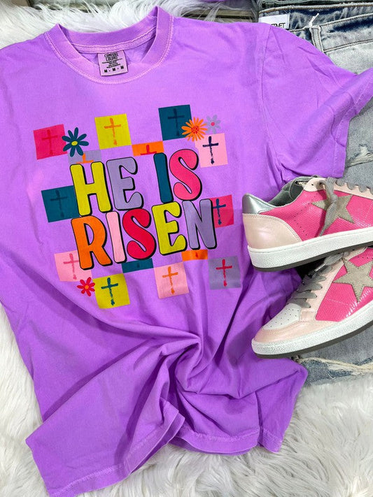 He Is Risen Multicolored Cross Checkered tee
