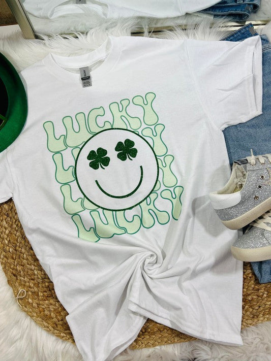 Lucky Happy Face Glitter & Sublimation Tee