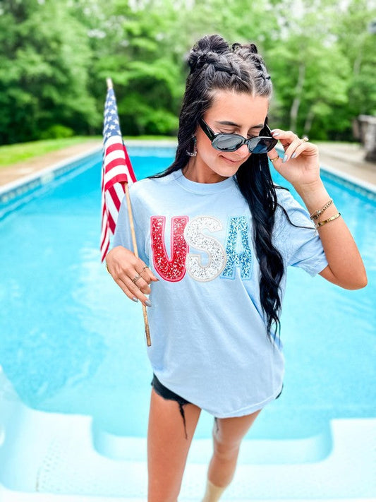 USA Faux Patriotic Sequin DTF Tee