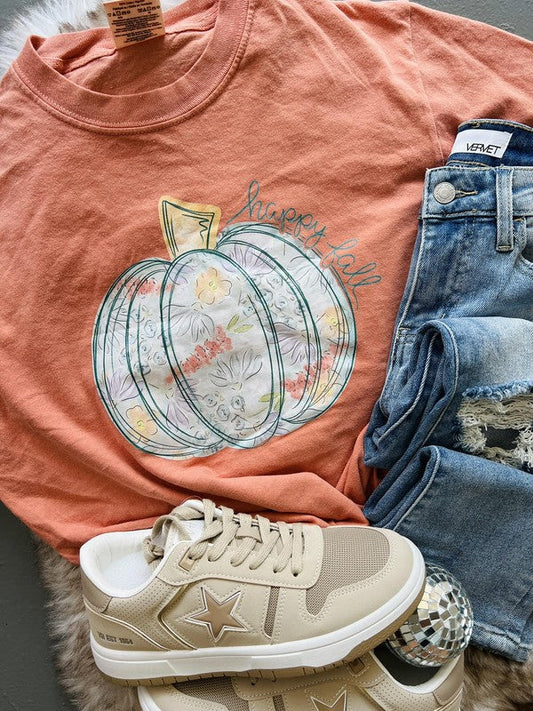 Happy Fall Floral Pumpkin DTF Tee