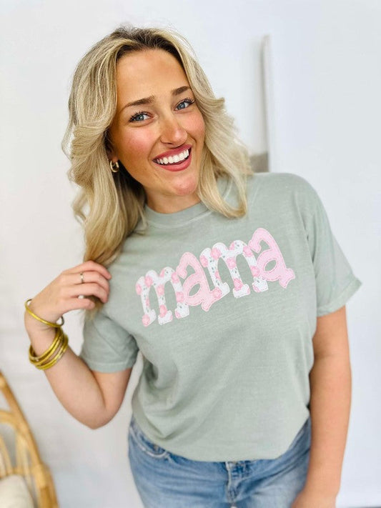 Mama Floral Faux Embroidered Letters DTF Tee