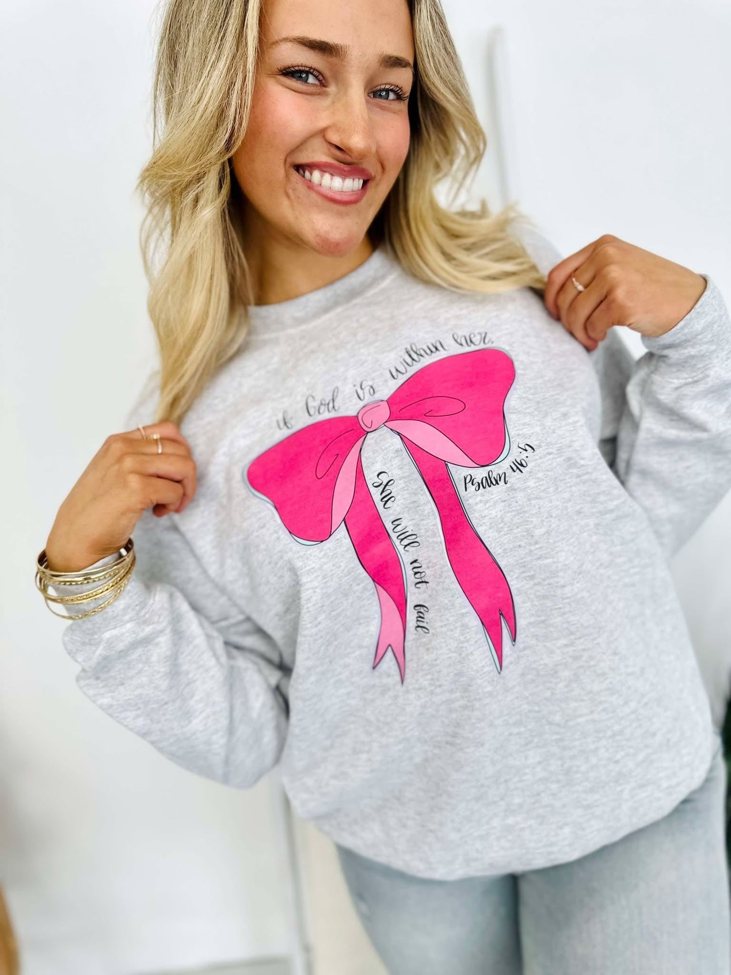 God Is Within Her Neon Pink Bow DTF Sweatshirt