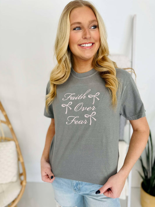 Faith Over Fear Coquette Bow Embroidered Tee