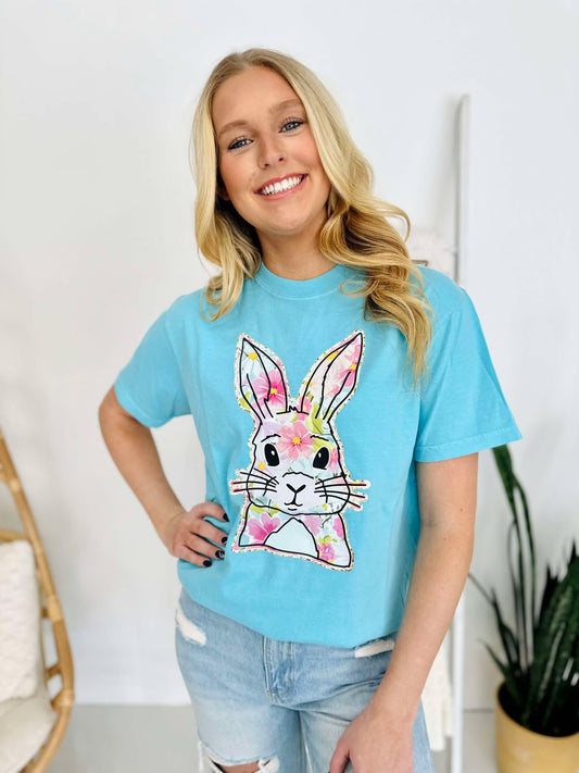 Floral Faux Glitter Outlined Bunny DTF Tee