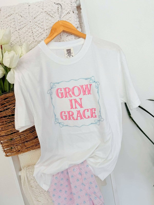 Grow In Grace Blue Bow Frame DTF Graphic Tee Shirt