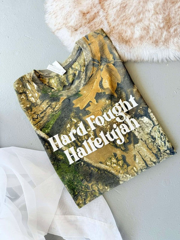 Hard Fought Hallelujah Camo Puff Graphic Tee Shirt