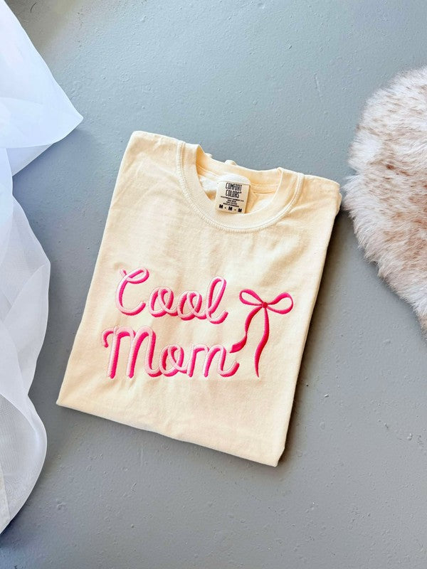 Cool Mom Pink Bow Embroidered Graphic Tee Shirt